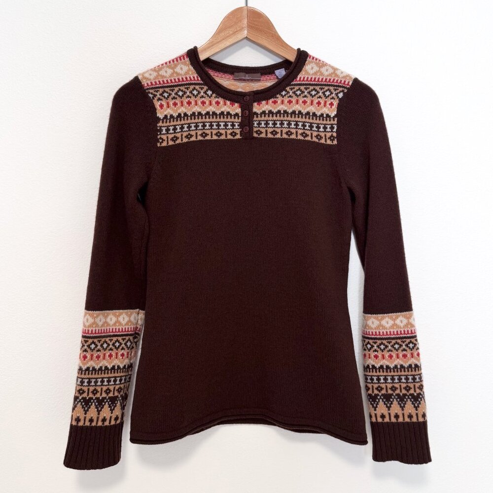 Brown and Tan Fair Isle 100% Cashmere Henley Sweater Size Small